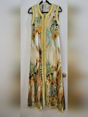 Tradition Morocccan Kaftan Sleeveless Floral Maxi Dress in Yellow and Mint